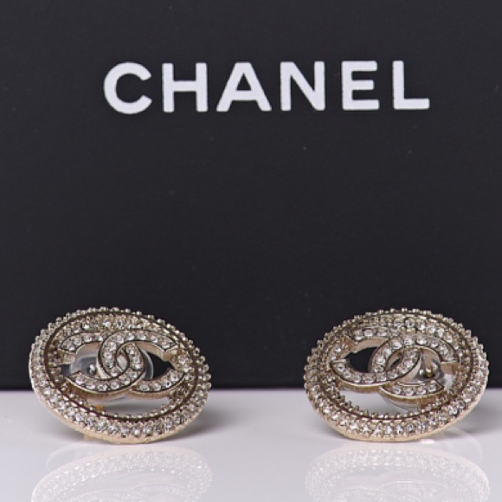 Gold Chanel Crystal CC Vendome Stud Earrings